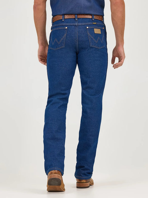 KONTOOR Wrangler men's cowboy cut slim fit prewashed jeans, denim fabric, classic five-pocket design, front and back view.