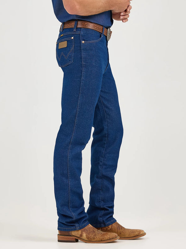 KONTOOR Wrangler men's cowboy cut slim fit jeans in prewashed denim, showing classic five-pocket design and durable stitching.