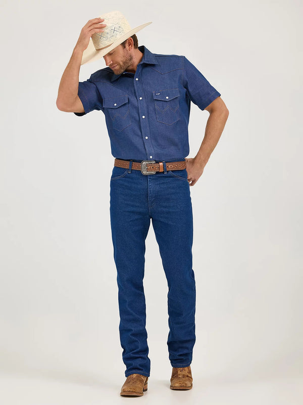 KONTOOR Wrangler men's cowboy cut slim fit prewashed jeans, showing classic denim with a tailored fit and traditional stitching details.
