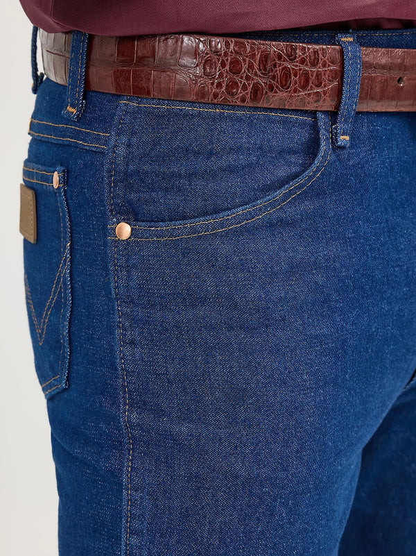 KONTOOR men's Wrangler Cowboy Cut slim fit prewashed jeans, classic denim style with a natural fade and sturdy stitching.