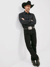 Men's Wrangler Cowboy Cut Original Fit Jeans in Shadow Black, KONTOOR brand, showing front view with classic denim texture.