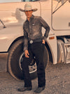 Men's Wrangler Cowboy Cut Original Fit Jeans in Shadow Black, KONTOOR brand, showing classic denim fabric and fit details