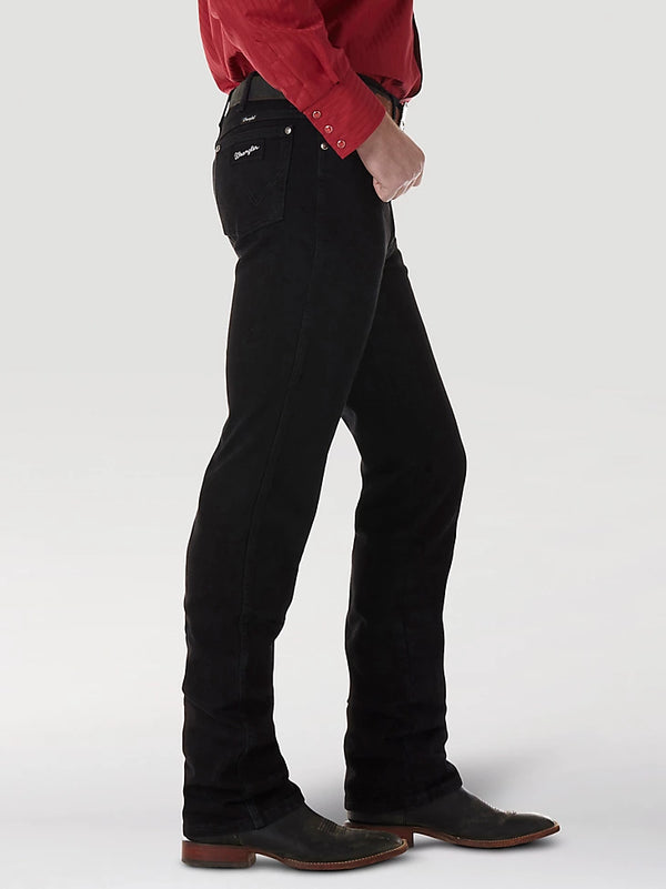 KONTOOR Wrangler men's Cowboy Cut silver edition slim fit jeans in shadow black, showing front view with classic stitching details.