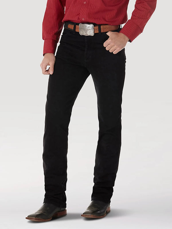 KONTOOR Wrangler men's Cowboy Cut Silver Edition slim fit jeans in shadow black, showing the dark denim fabric and classic styling.