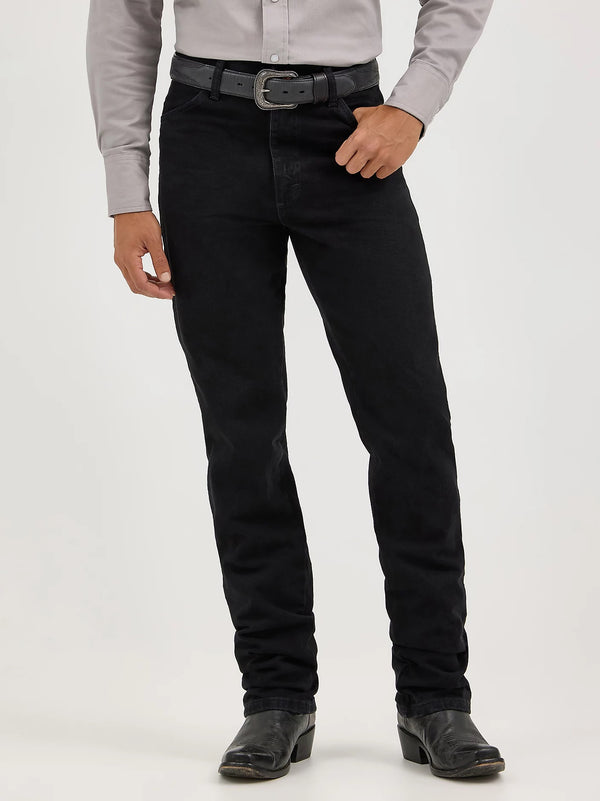Men's Wrangler Cowboy Cut Slim Fit Jeans in Shadow Black, denim with classic stitching and five-pocket style by KONTOOR.