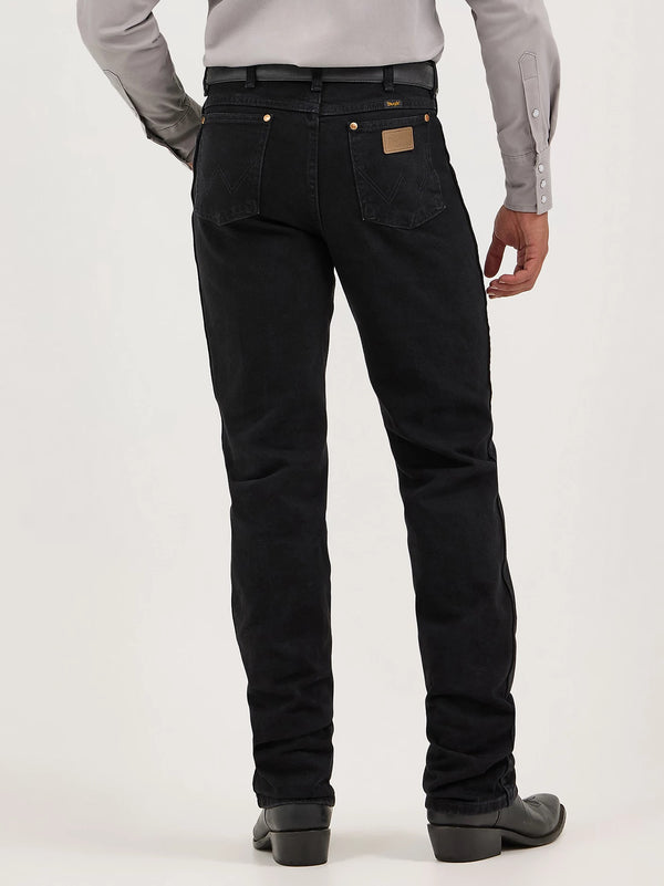 Men's Wrangler Cowboy Cut Slim Fit Jeans in Shadow Black by KONTOOR, showing front view with classic stitching and slim fit design.