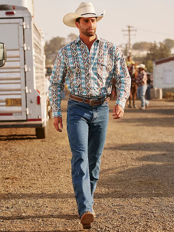 KONTOOR Wrangler men's cowboy cut jeans in stonewashed denim, original fit with classic Western style and durable fabric.