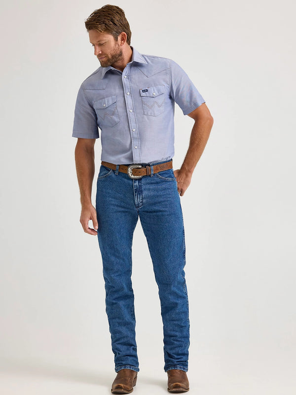 KONTOOR Wrangler men's cowboy cut jeans in stonewashed finish, original fit with classic denim look, front view.