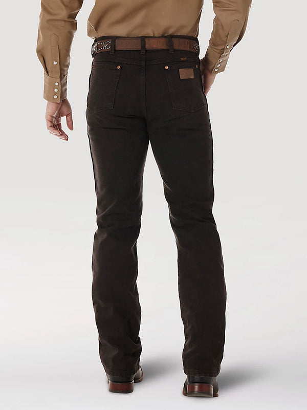 KONTOOR Wrangler men's cowboy cut slim fit jeans in black chocolate denim, showcasing classic rugged style and tailored fit.