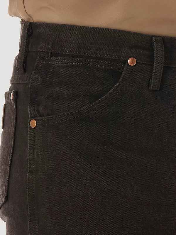 KONTOOR Wrangler men's cowboy cut slim fit jeans in black chocolate denim, showcasing the classic five-pocket design and sturdy fabric.