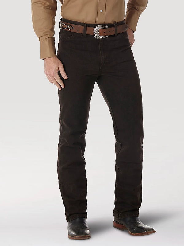 KONTOOR Wrangler men's cowboy cut slim fit jeans in black chocolate denim, featuring classic stitching and a tailored fit.