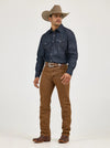 KONTOOR Wrangler men's cowboy cut slim fit jeans in black whiskey denim, featuring a classic five-pocket design and sturdy stitching.