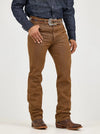 Black Whiskey Wrangler men's cowboy cut slim fit jeans with classic five-pocket design and sturdy denim fabric.