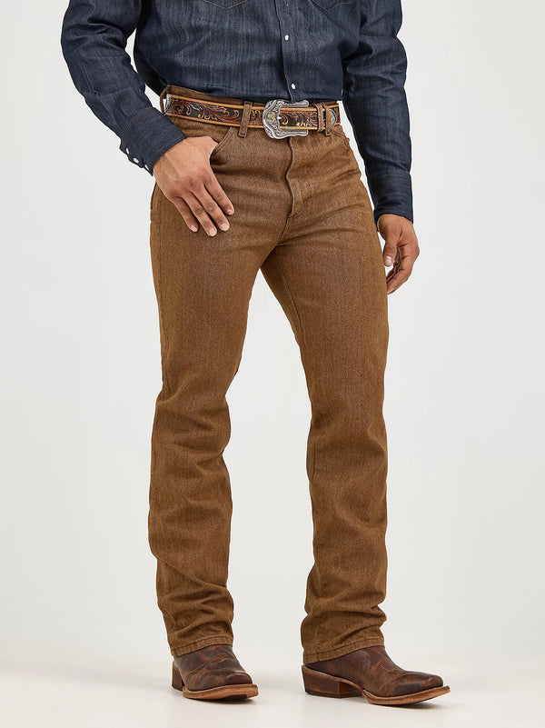 Black Whiskey Wrangler men's cowboy cut slim fit jeans with classic five-pocket design and sturdy denim fabric.