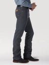 KONTOOR men's Wrangler cowboy cut slim fit jeans in charcoal grey displayed on a hanger.