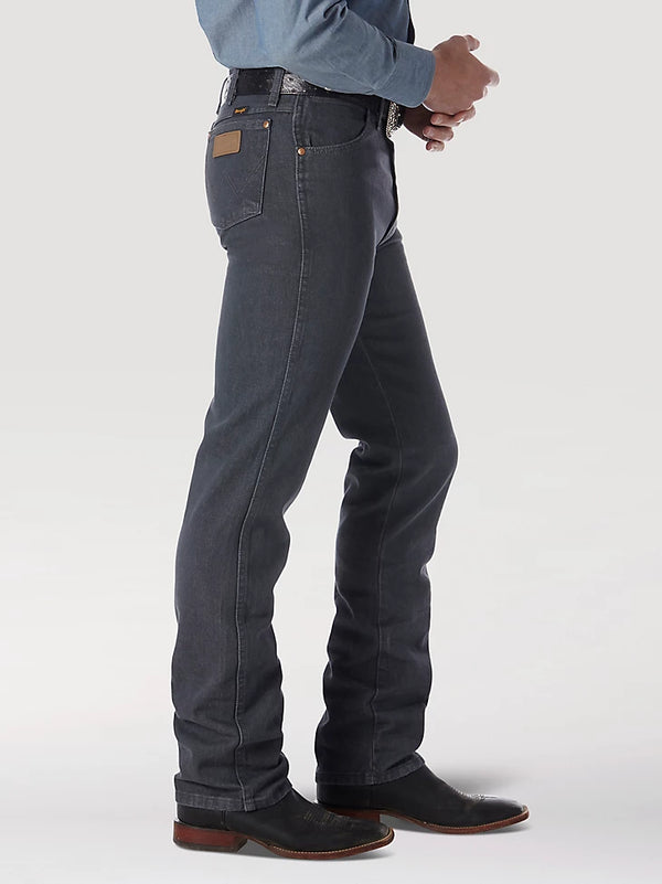 KONTOOR men's Wrangler cowboy cut slim fit jeans in charcoal grey displayed on a hanger.