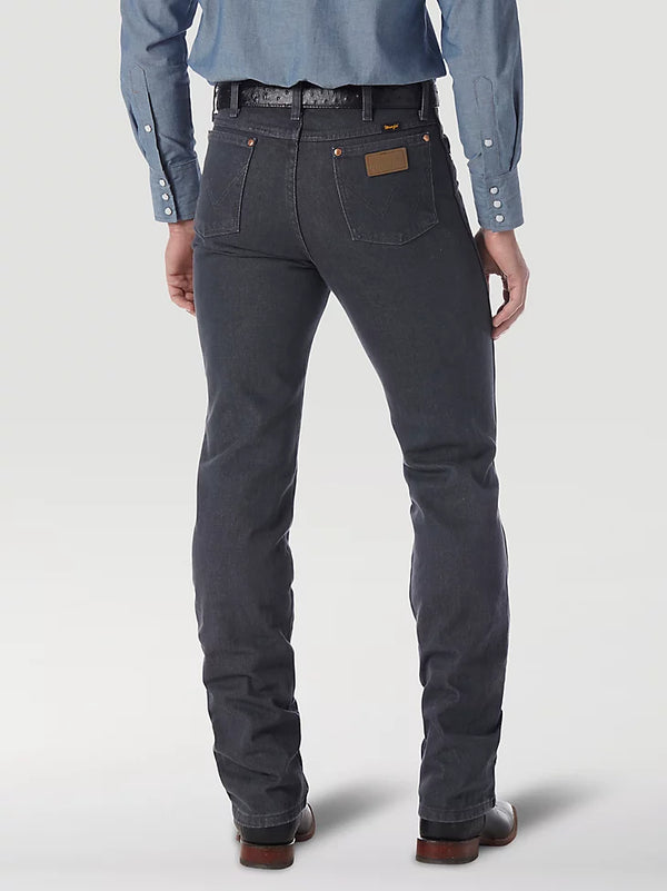 Men's Wrangler Cowboy Cut slim fit jeans in charcoal grey, made by KONTOOR, showing the front view with classic denim details.