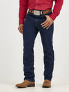 Men's Wrangler Cowboy Cut slim fit jeans in dark stone denim, featuring classic stitching and a durable five-pocket design.