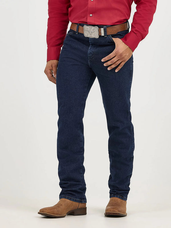 Men's Wrangler Cowboy Cut slim fit jeans in dark stone denim, featuring classic stitching and a durable five-pocket design.