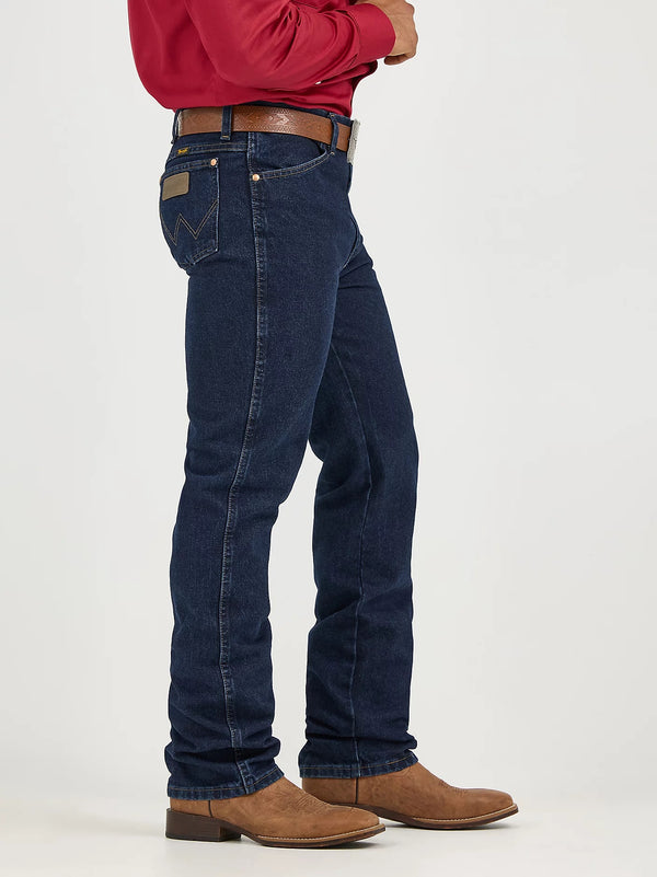 Men's Wrangler Cowboy Cut Slim Fit Jeans in dark stone wash, showcasing classic denim style and sturdy construction.