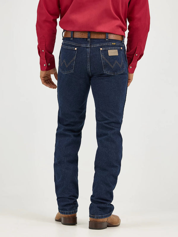 Men's Wrangler Cowboy Cut Slim Fit Jeans in dark stone denim, showcasing classic Western style and durable construction.