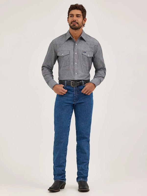 KONTOOR Wrangler men's cowboy cut slim fit jeans in stonewash denim, front view showing classic Western styling.