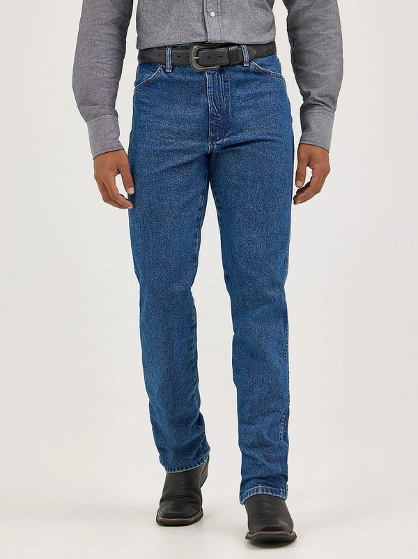 KONTOOR men's Wrangler cowboy cut slim fit jeans in stonewash denim, front view showing classic five-pocket design