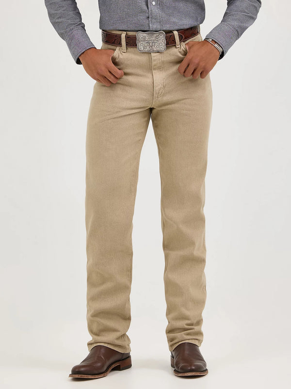 KONTOOR Wrangler men's cowboy cut slim fit jeans in tan denim, featuring classic stitching and a five-pocket design.