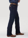 Men's navy Wrangler Cowboy Cut stretch slim fit jeans by KONTOOR, showcasing classic denim with a modern fit and durable stitching.