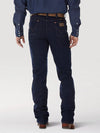 KONTOOR Wrangler men's cowboy cut stretch slim fit navy jeans showing front view with classic five-pocket design and contrast stitching.