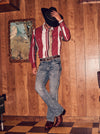 KONTOOR Wrangler men's retro slim fit bootcut jeans in Greeley color, displayed on a model showcasing front view and fit.