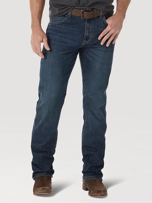 KONTOOR Wrangler men's retro slim fit straight leg jeans in Portland wash, shown on a model.
