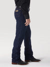 Men's navy Wrangler Cowboy Cut Stretch jeans by KONTOOR, showing the classic fit and denim fabric with stitching details.