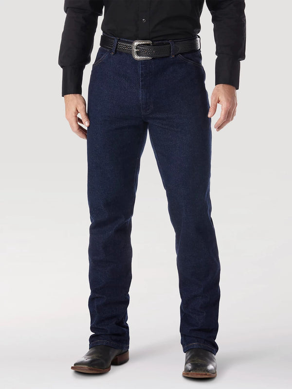 KONTOOR Wrangler men's cowboy cut stretch regular fit navy jeans, denim fabric, front pockets, belt loops, and classic Western style.