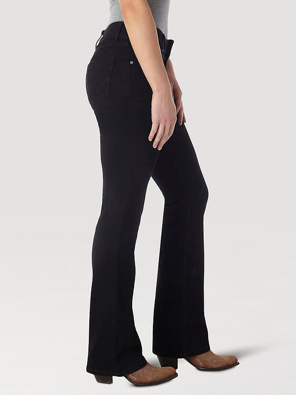 Women’s black Wrangler mid-rise jeans by KONTOOR, showing the fitted denim with classic stitching and five-pocket design.