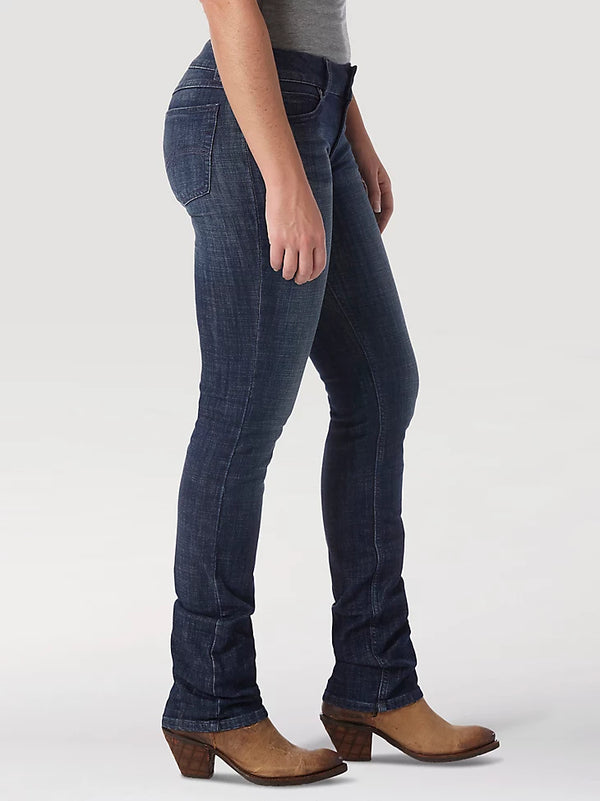 Women’s Wrangler mid-rise jeans in DS Wash by KONTOOR, showcasing classic denim fit and stylish wash detail.