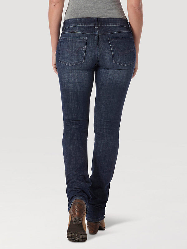 Women's Wrangler mid-rise jeans in DS wash, KONTOOR brand, showcasing classic denim fit and style.