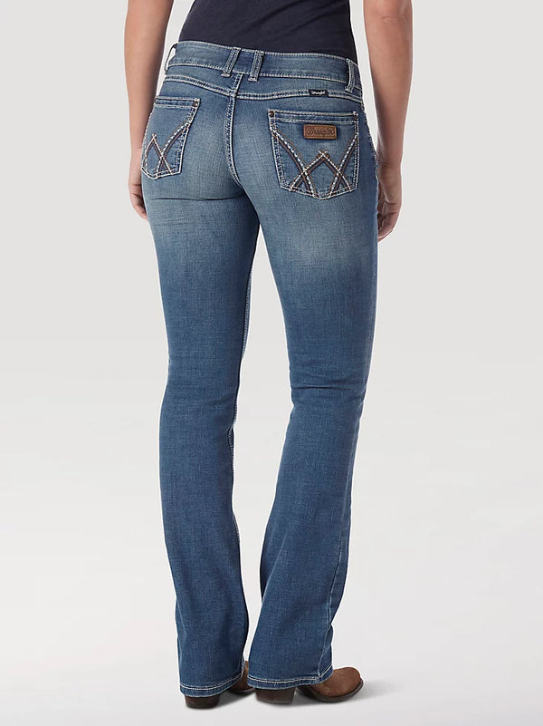 KONTOOR Wrangler Women Retro Mae Jean in Deadwood color, showcasing classic high-waisted denim with distressed details and tapered fit.
