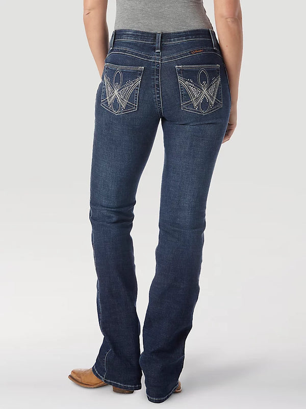 Wrangler women's Q-Baby Ultimate Riding Jeans in Wild Streak style, showcasing classic denim fit and detailed stitching.
