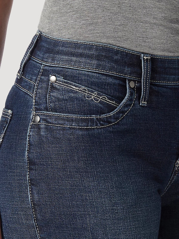 KONTOOR Wrangler women's Q-Baby Ultimate Riding Jean in Wild Streak with classic denim look and fitted style, front and back views.