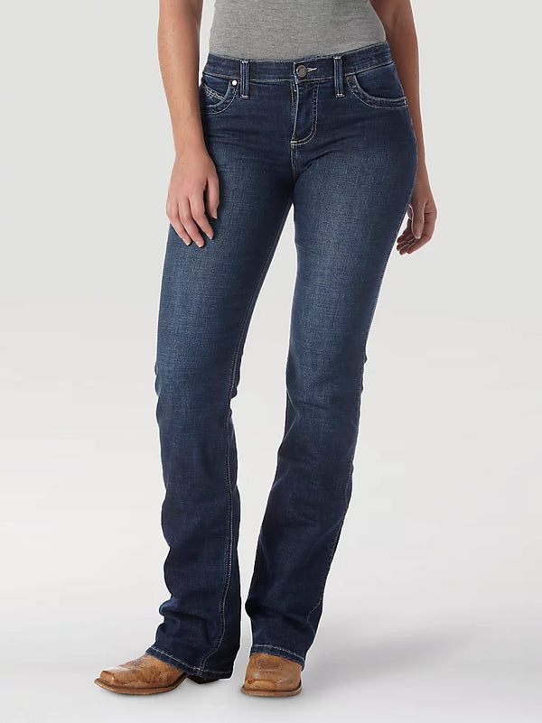 Wrangler Womens Q-Baby Ultimate Riding Jean in Wild Streak, black denim, showcasing a fitted riding style with detailed stitching and branding.