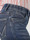 Women's Wrangler Willow Ultimate Riding Jean by KONTOOR, denim jeans with a classic fit and detailed stitching, shown on a model.