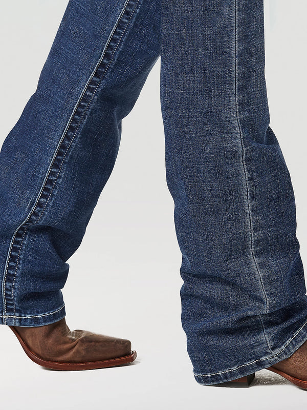 Women's Wrangler Willow Ultimate Riding Jean by KONTOOR, denim jeans with a classic fit and detailed stitching, shown on a model.