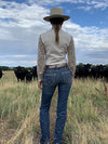 KONTOOR Wrangler Willow Ultimate Riding Jean for women, denim jeans with a fitted style and classic wash, shown on a model.