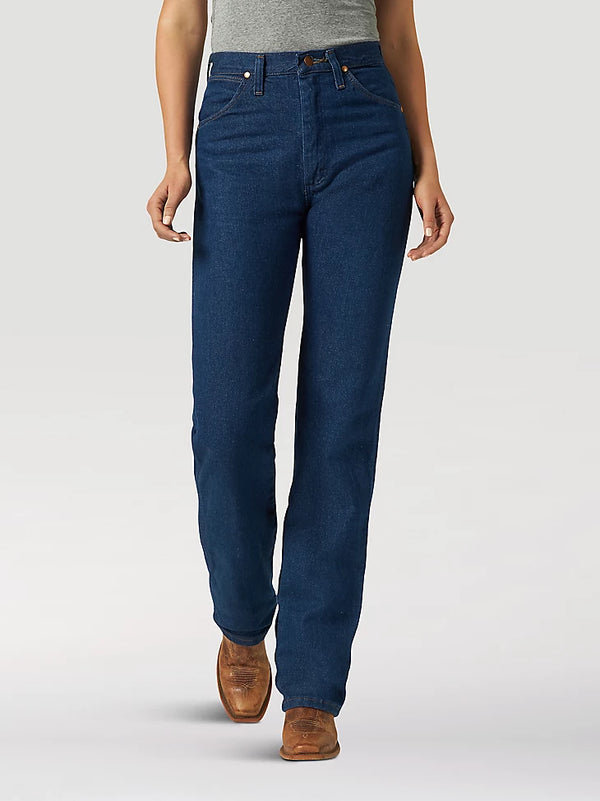 KONTOOR Wrangler women cowboy cut slim fit jeans in prewashed indigo denim, showcasing classic Western style and tapered fit.