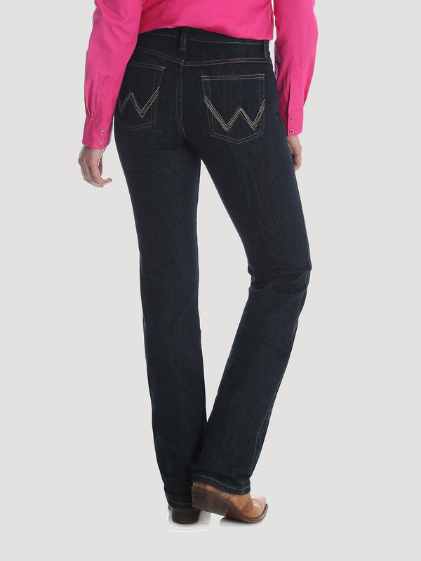 Wrangler women's Q-Baby Ultimate riding jeans in Dark Dynasty color, showing the fitted denim with stylish stitching.