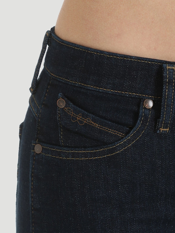 Wrangler women's Q-Baby Ultimate Riding Jean in Dark Dynasty denim, featuring a classic fit and durable stitching, stylish and comfortable.