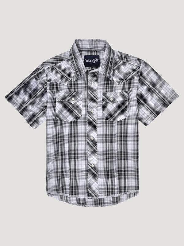 Wrangler Boys Short Sleeve Western Snap Plaid - Chess Grey - Broken horn