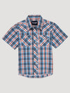 Wrangler Boys Short Sleeve Western Snap Plaid - Sunset Blue - Broken horn