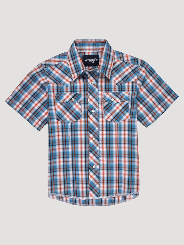 Wrangler Boys Short Sleeve Western Snap Plaid - Sunset Blue - Broken horn